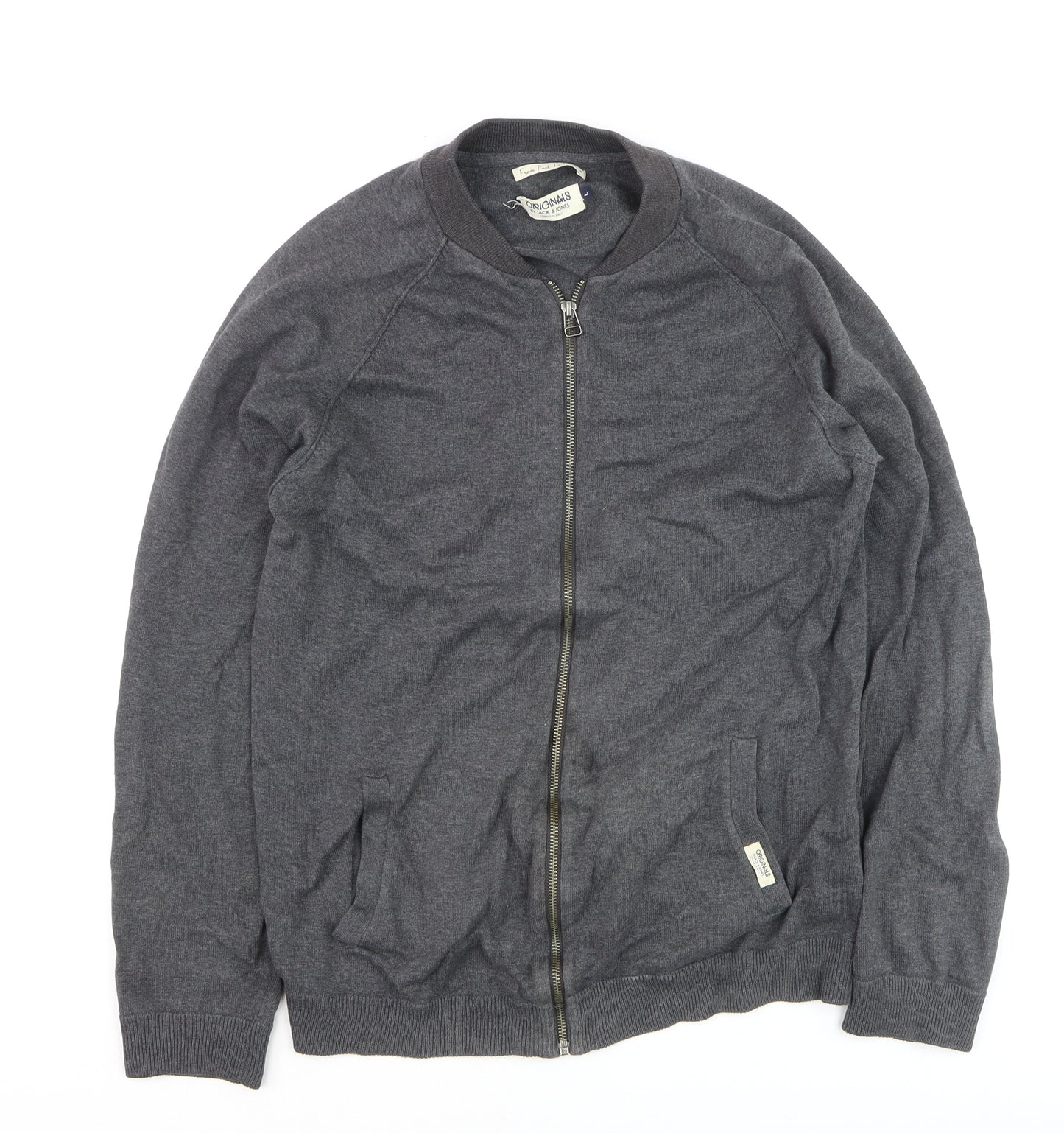 Jack & Jones Mens Grey Full Zip Cotton Jumper Size L