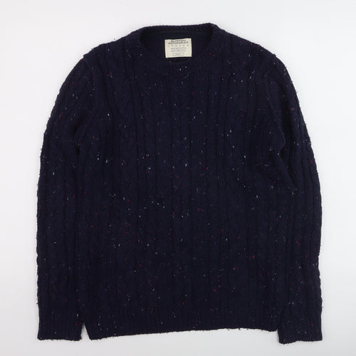 Burton Menswear Navy Wool Cable-Knit Crew Neck Jumper Small