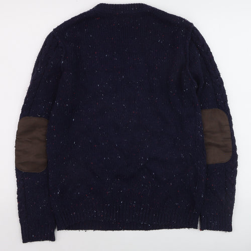 Burton Menswear Navy Wool Cable-Knit Crew Neck Jumper Small