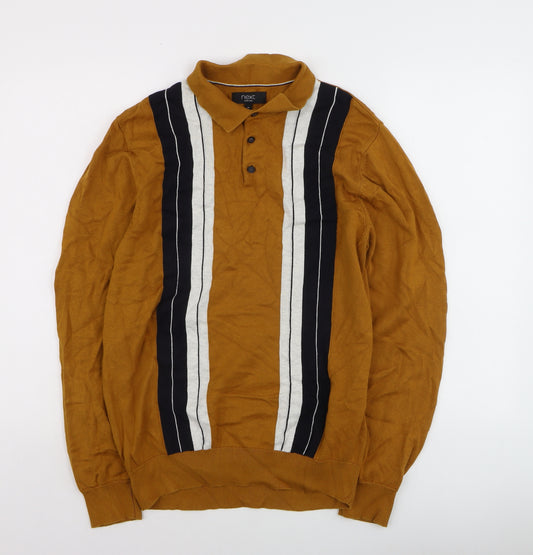 Next Men's Brown Striped Long Sleeve Polo Shirt Size M