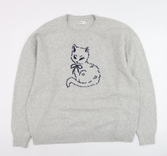 Hollister Womens Grey Cat Embroidered Wool Blend Crew Neck Jumper L