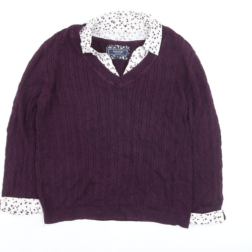 Maine New England Women's Purple Cable-Knit V-Neck Cotton Jumper Size 14
