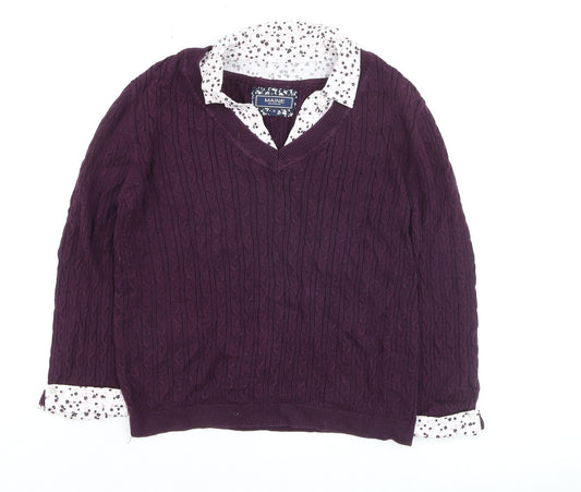 Maine New England Women's Purple Cable-Knit V-Neck Cotton Jumper Size 14