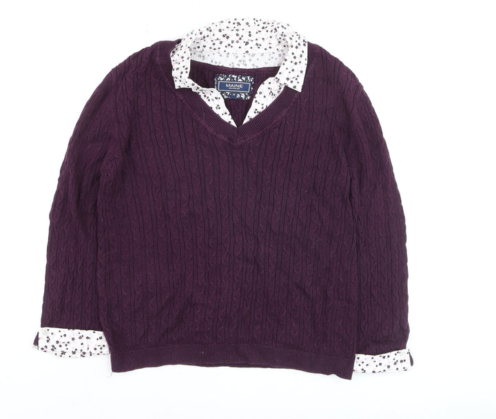 Maine New England Women's Purple Cable-Knit V-Neck Cotton Jumper Size 14