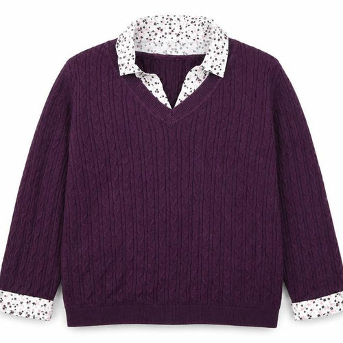 Maine New England Women's Purple Cable-Knit V-Neck Cotton Jumper Size 14