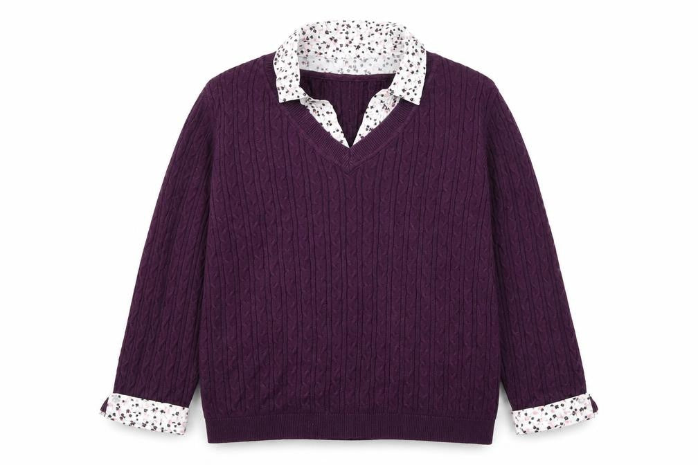 Maine New England Women's Purple Cable-Knit V-Neck Cotton Jumper Size 14