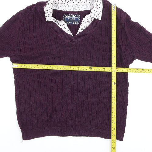 Maine New England Women's Purple Cable-Knit V-Neck Cotton Jumper Size 14