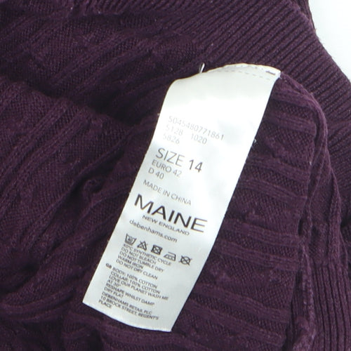 Maine New England Women's Purple Cable-Knit V-Neck Cotton Jumper Size 14