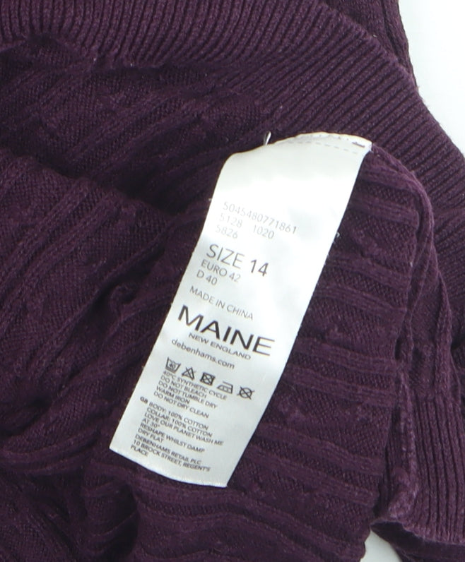Maine New England Women's Purple Cable-Knit V-Neck Cotton Jumper Size 14