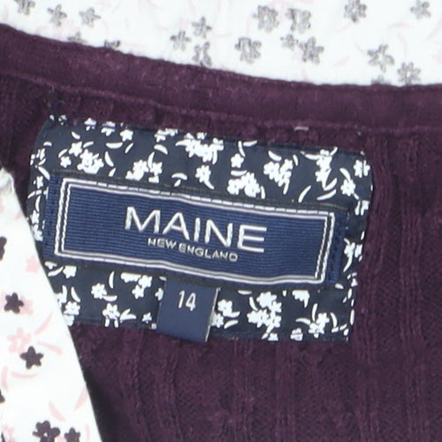 Maine New England Women's Purple Cable-Knit V-Neck Cotton Jumper Size 14
