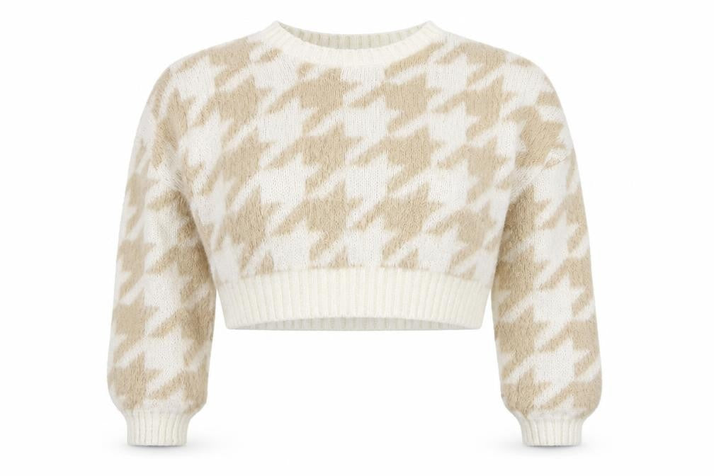 Front view of PRETTYLITTLETHING Women’s Beige Houndstooth Knit Jumper, size S