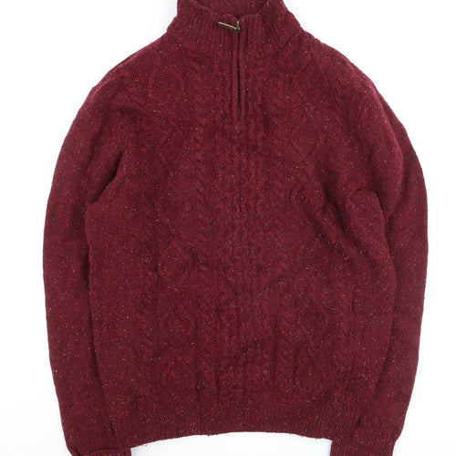 Peter Gribby Men's Red Wool Cable Knit 1/2 Zip Jumper Size L