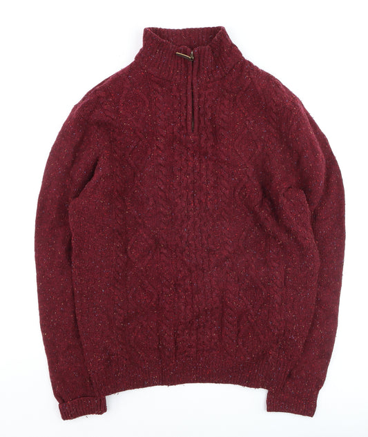 Peter Gribby Men's Red Wool Cable Knit 1/2 Zip Jumper Size L