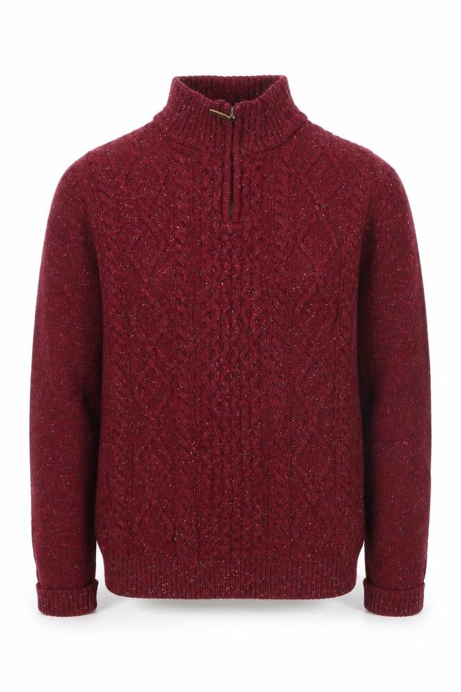 Front view of Peter Gribby Men's Red Wool Cable Knit 1/2 Zip Jumper, size L
