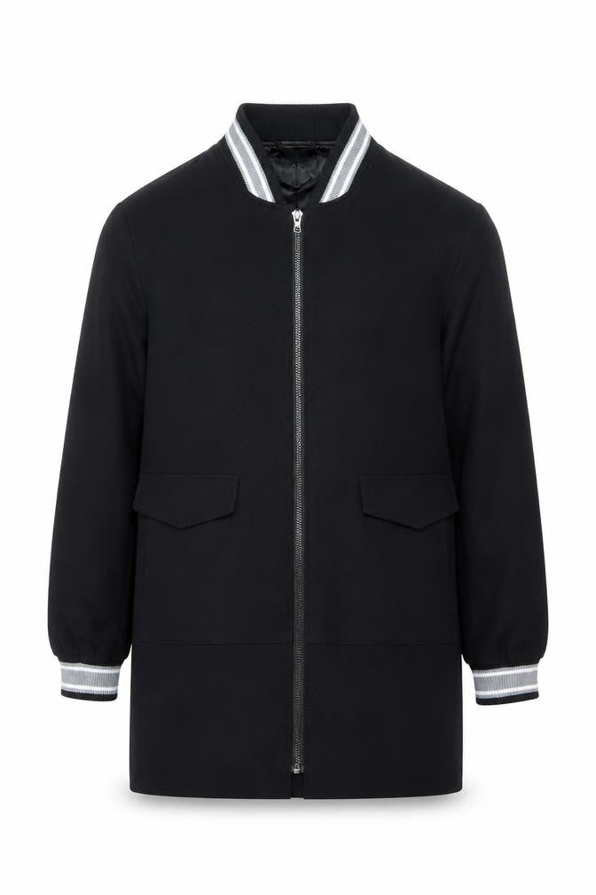 Front view of A&G Men's Black Bomber Jacket L Lined Full Zip Mid-Length
