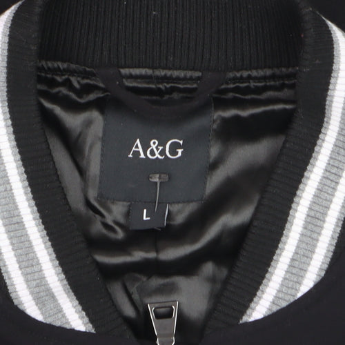 A&G Men's Black Bomber Jacket L Lined Full Zip Mid-Length