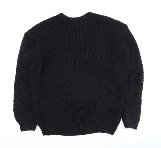 Pull&Bear Men's Black Cotton Chunky Knit Crew Neck Jumper Size L