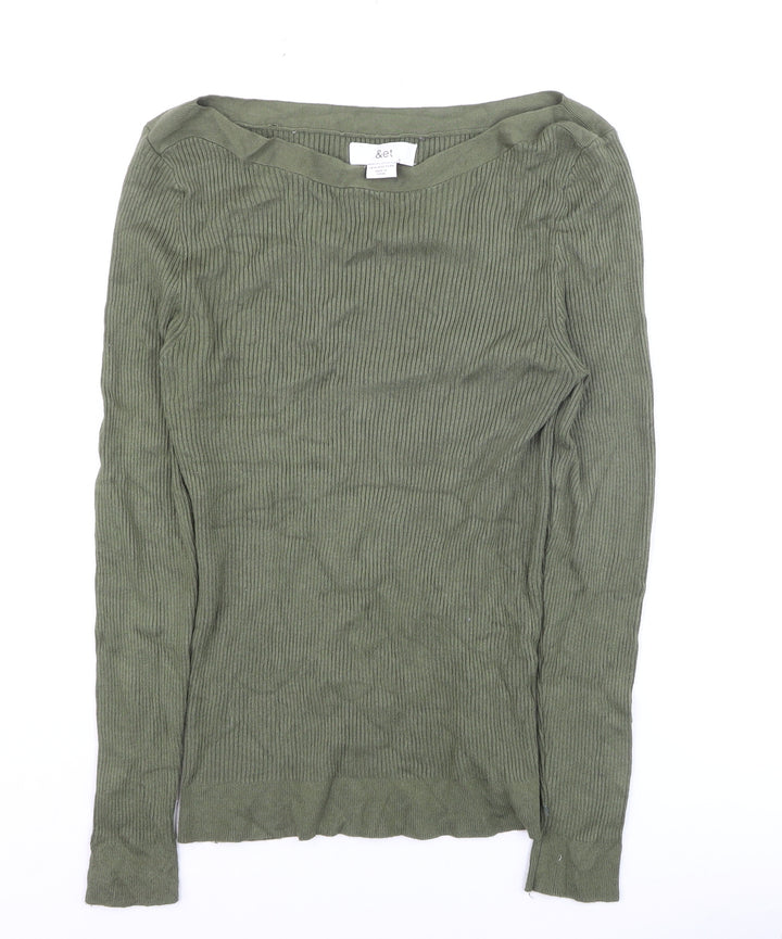 &et Women Green Long Sleeve Ribbed Pullover Knit Jumper Size 16