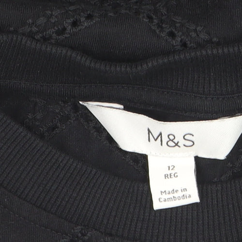 Marks and Spencer Women’s Black Crochet Cotton T-Shirt Size 12