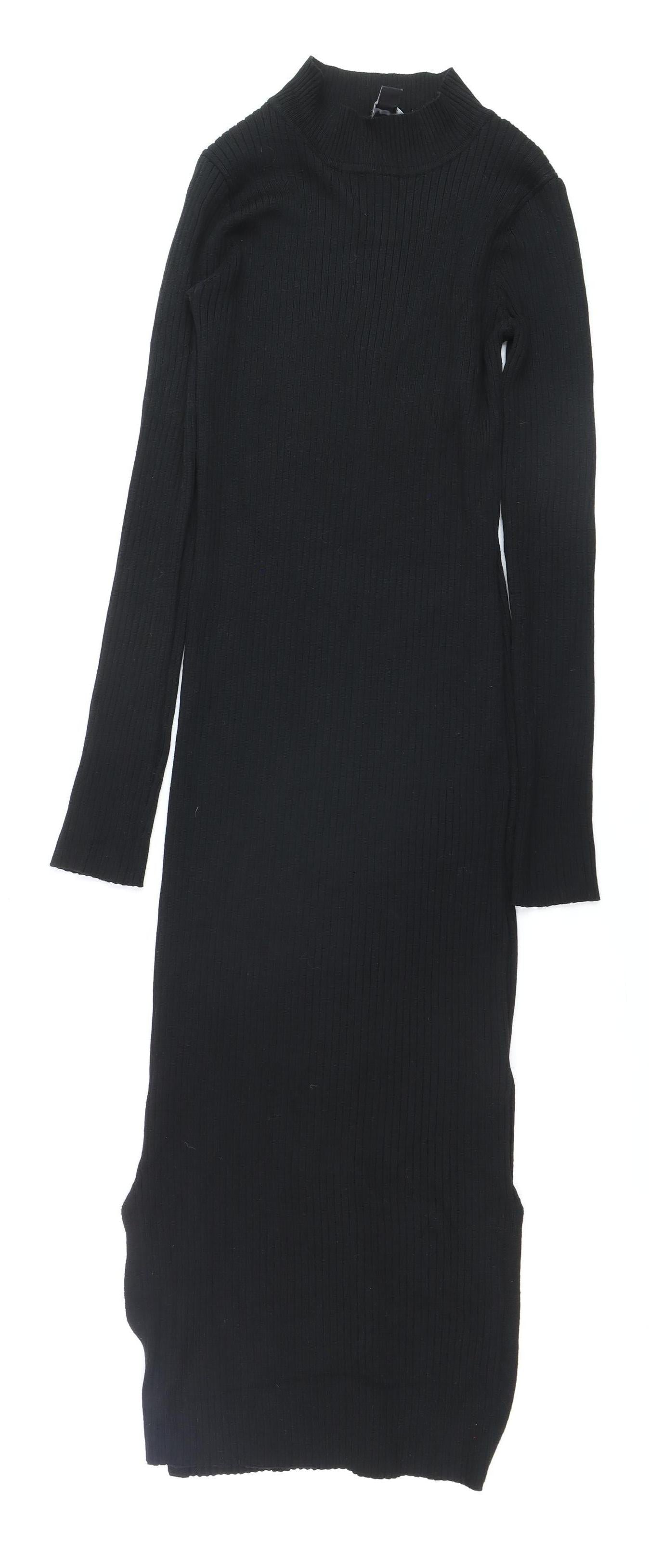 New Look Women's Black Mock Neck Ribbed Bodycon Midi Dress Size 10