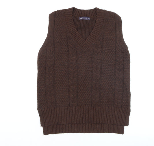 Marks and Spencer Men's Brown Cable-Knit Sleeveless V-Neck Jumper Vest Size S