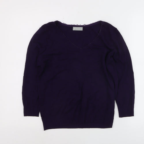 Marks and Spencer Per Una Women's Purple V-Neck Cotton Jumper Size 14