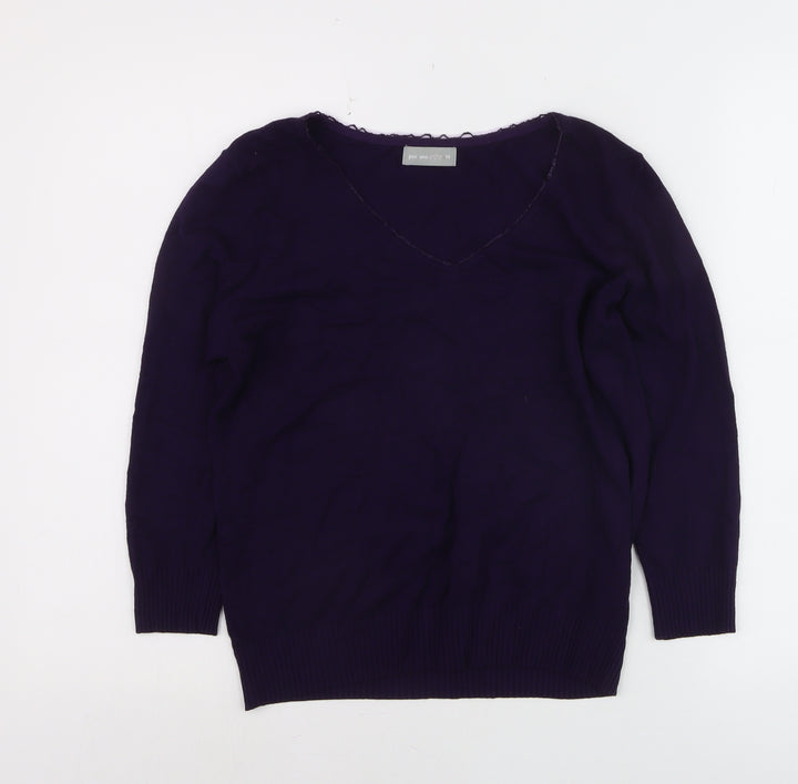 Marks and Spencer Per Una Women's Purple V-Neck Cotton Jumper Size 14