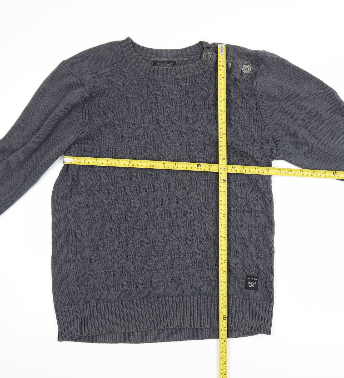 Firetrap Men's Grey Cotton Acrylic Crew Neck Button Jumper M