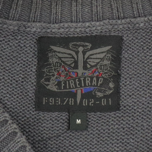 Firetrap Men's Grey Cotton Acrylic Crew Neck Button Jumper M
