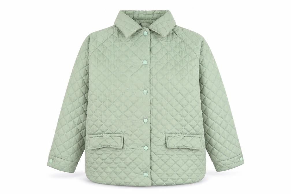 Front view of Tales women’s green quilted mid-length jacket, size M