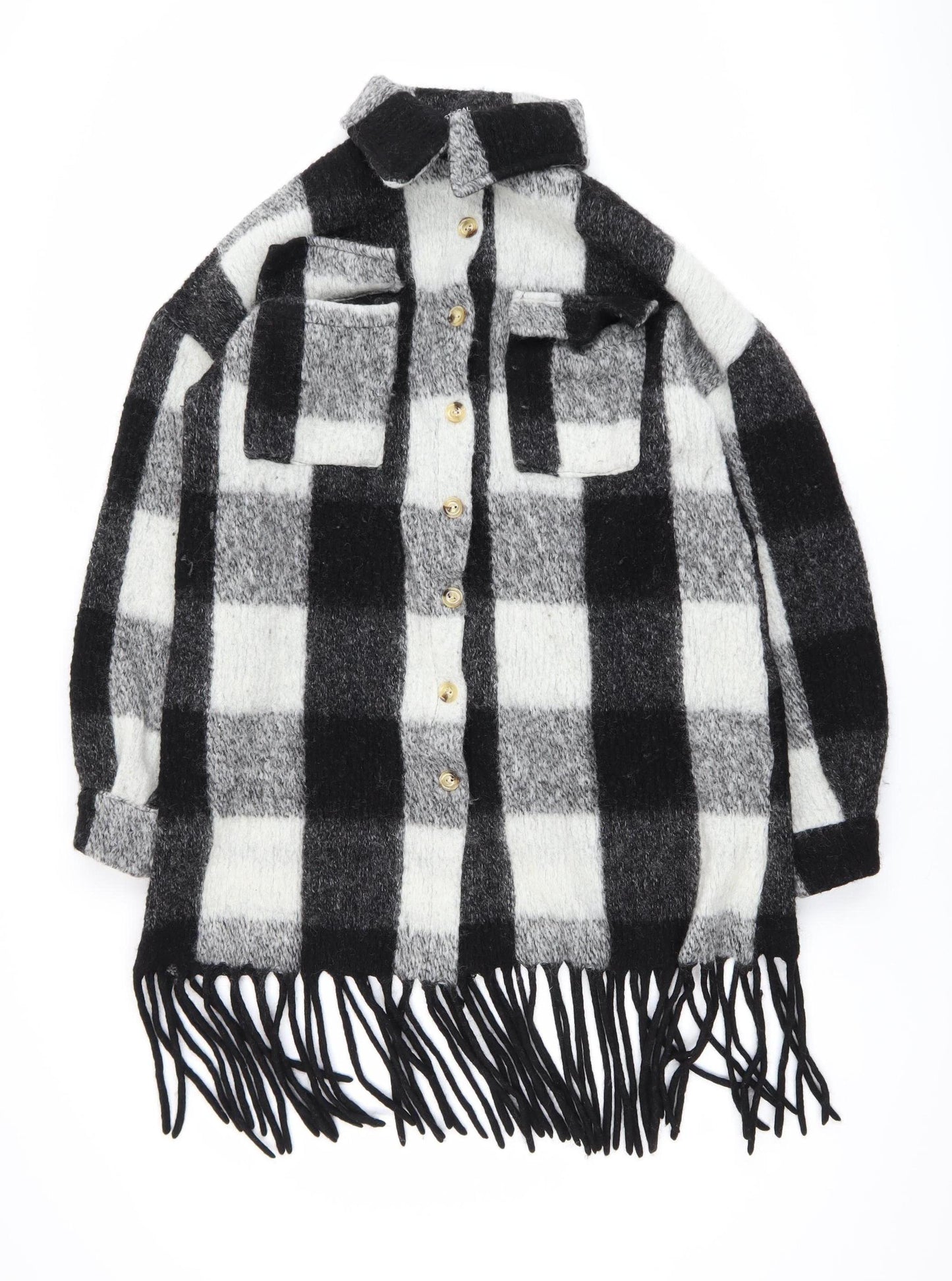 Nasty Gal Women’s Black Check Wool Blend Long Sleeve Shacket Size M