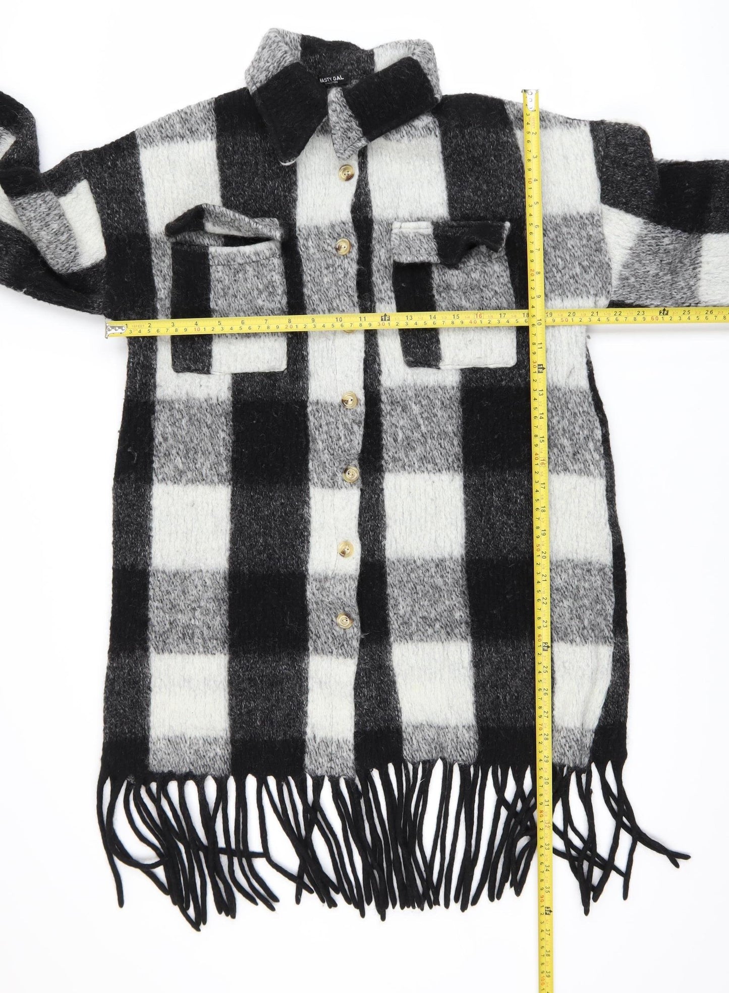 Nasty Gal Women’s Black Check Wool Blend Long Sleeve Shacket Size M