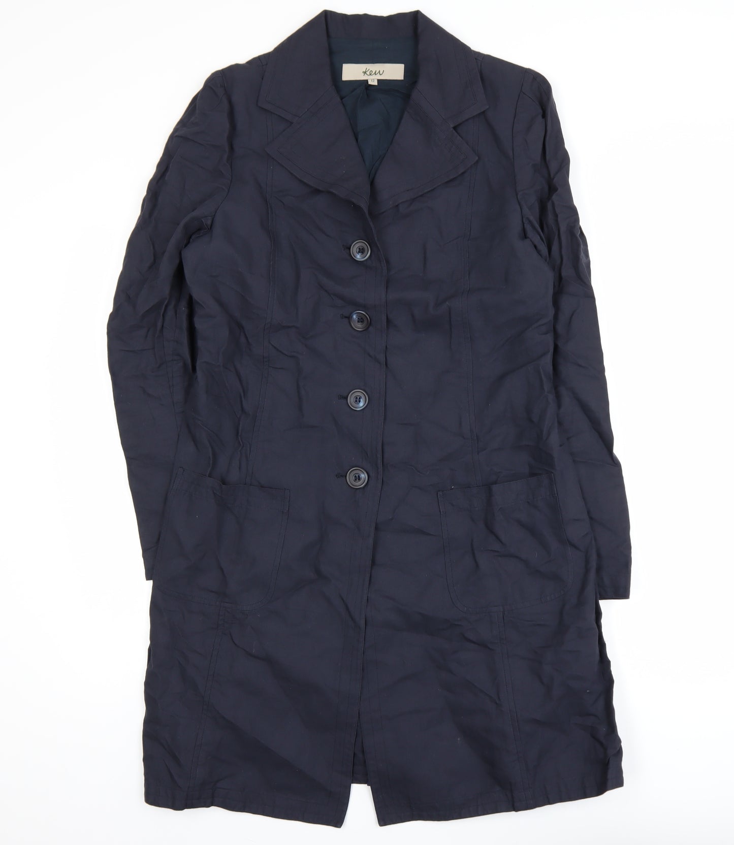 Kew Women’s Blue Cotton Long Trench Coat Size 12 Buttoned Lined