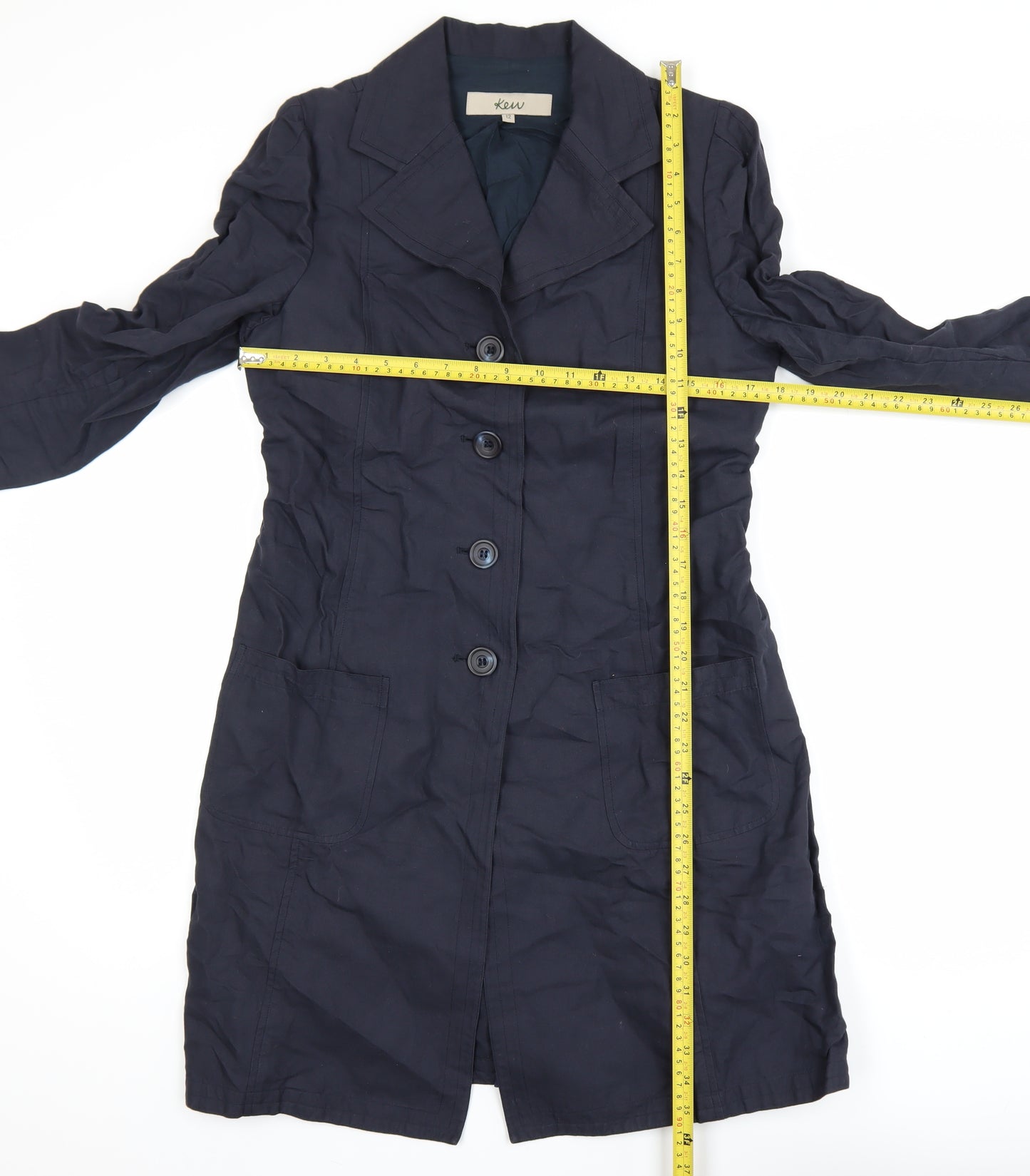 Kew Women’s Blue Cotton Long Trench Coat Size 12 Buttoned Lined