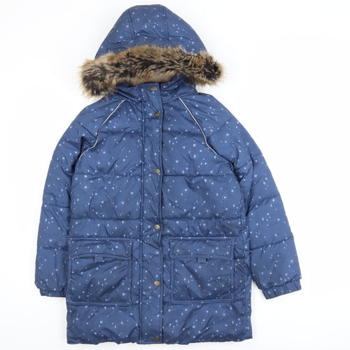 FatFace Teens Blue Star Print Hooded Long Puffer Coat 9/10
