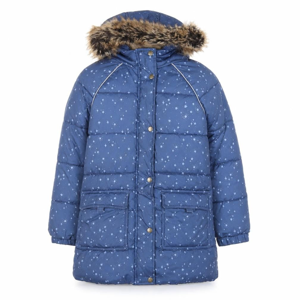 Front view of FatFace Teens Blue Star Print Hooded Long Puffer Coat 9/10