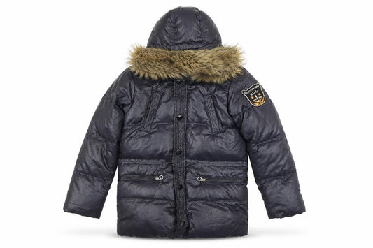 Front view of Scotch Shrunk Teens Black Fur Trim Hooded Puffer Coat, size 10