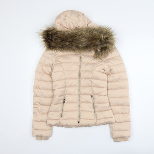 H&M Divided Women’s Beige Faux Fur Hooded Puffer Jacket Size 4