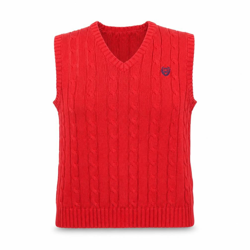Front view of Chaps Women's Red Cable-Knit Cotton Sleeveless V-Neck Vest L