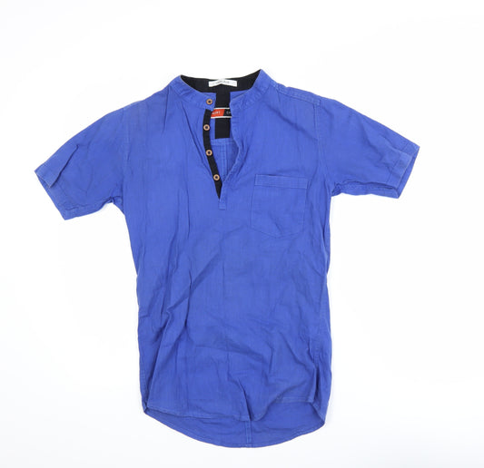 Smart Casual Men's Blue Linen Cotton Short Sleeve Henley Polo Shirt Size S