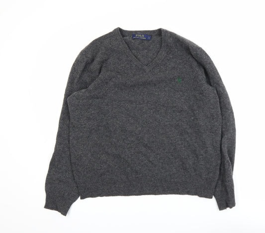 Polo Ralph Lauren Men's Grey Lambswool V-Neck Jumper Size L