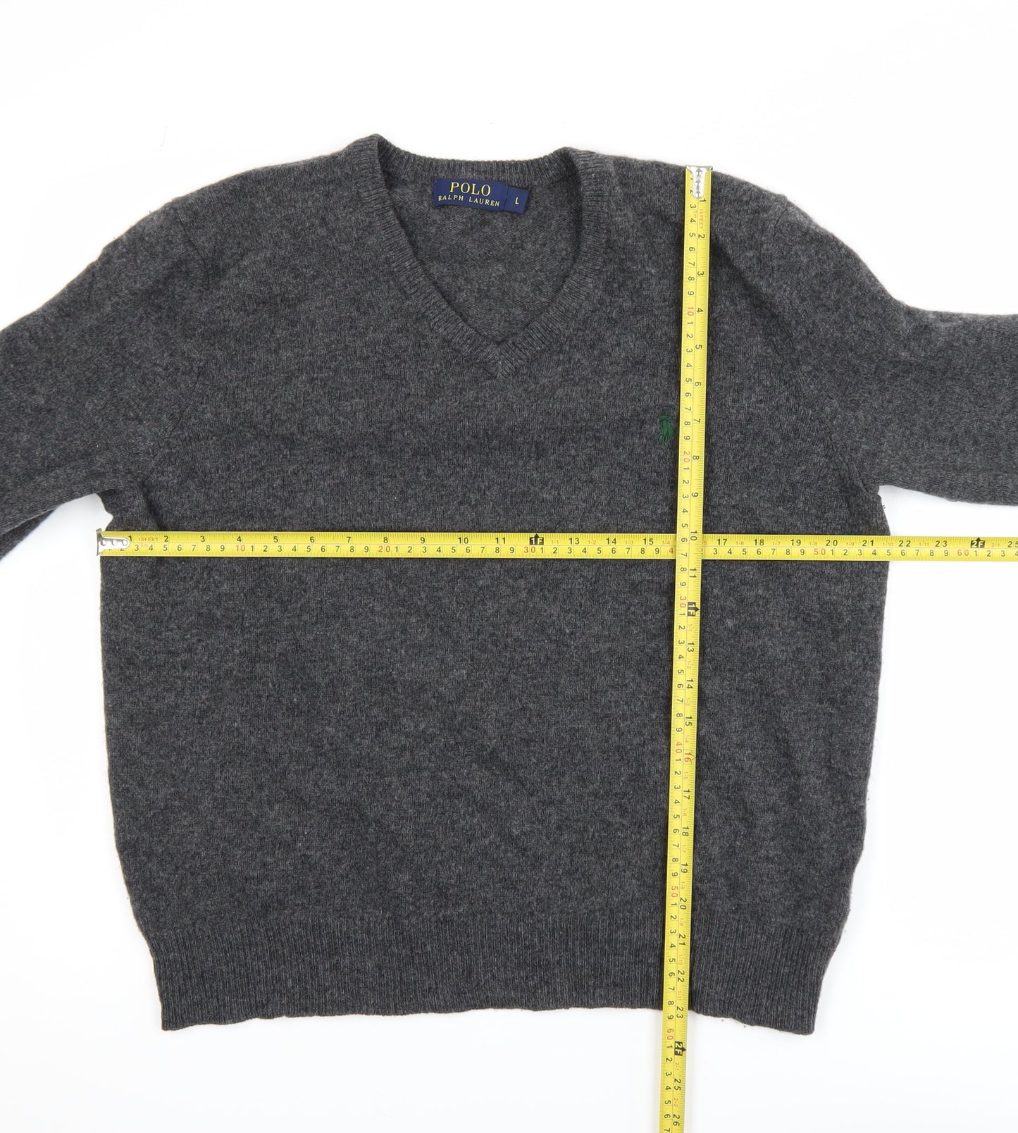 Polo Ralph Lauren Men's Grey Lambswool V-Neck Jumper Size L