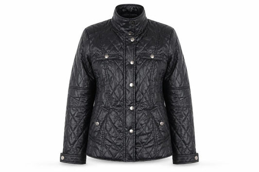 Front view of b.young Women's Black Quilted Short Jacket, size 10
