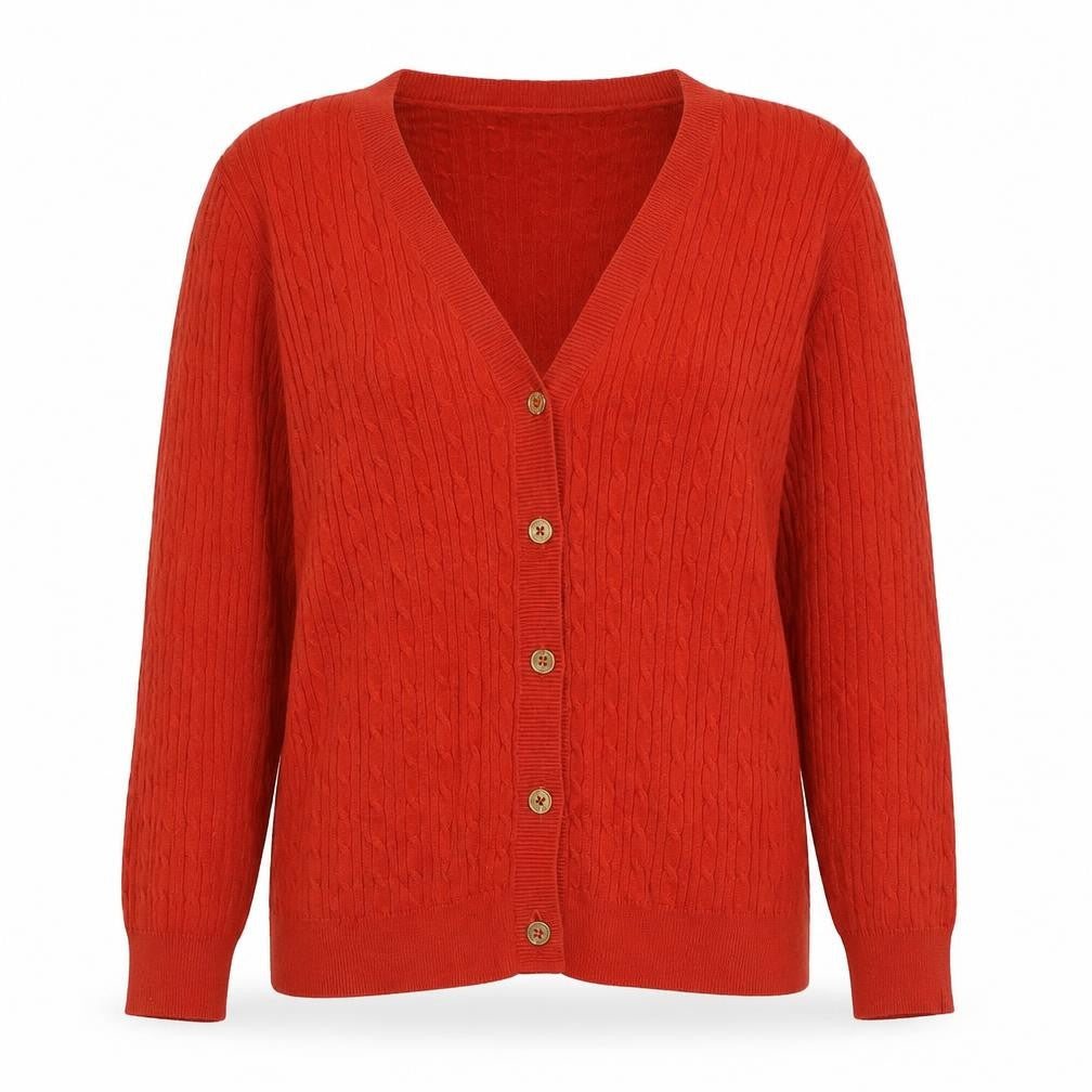 Chaps Womens Red Cotton Cable Knit Cardigan L V-Neck Long Sleeve