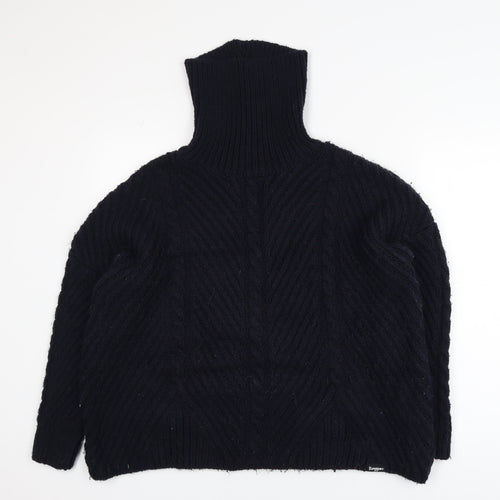 Superdry Women Black Roll Neck Cable-Knit Jumper Size 10