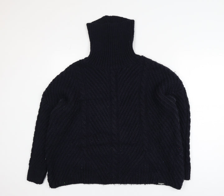 Superdry Women Black Roll Neck Cable-Knit Jumper Size 10