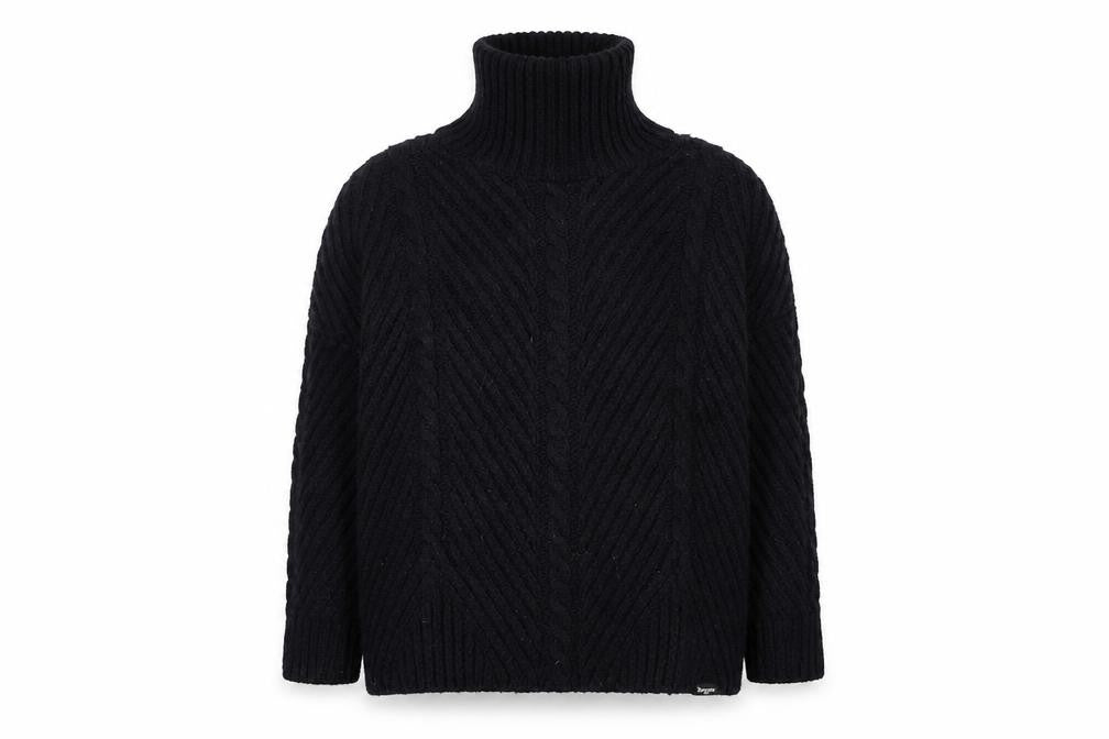 Front view of Superdry Women Black Roll Neck Cable-Knit Jumper, size 10