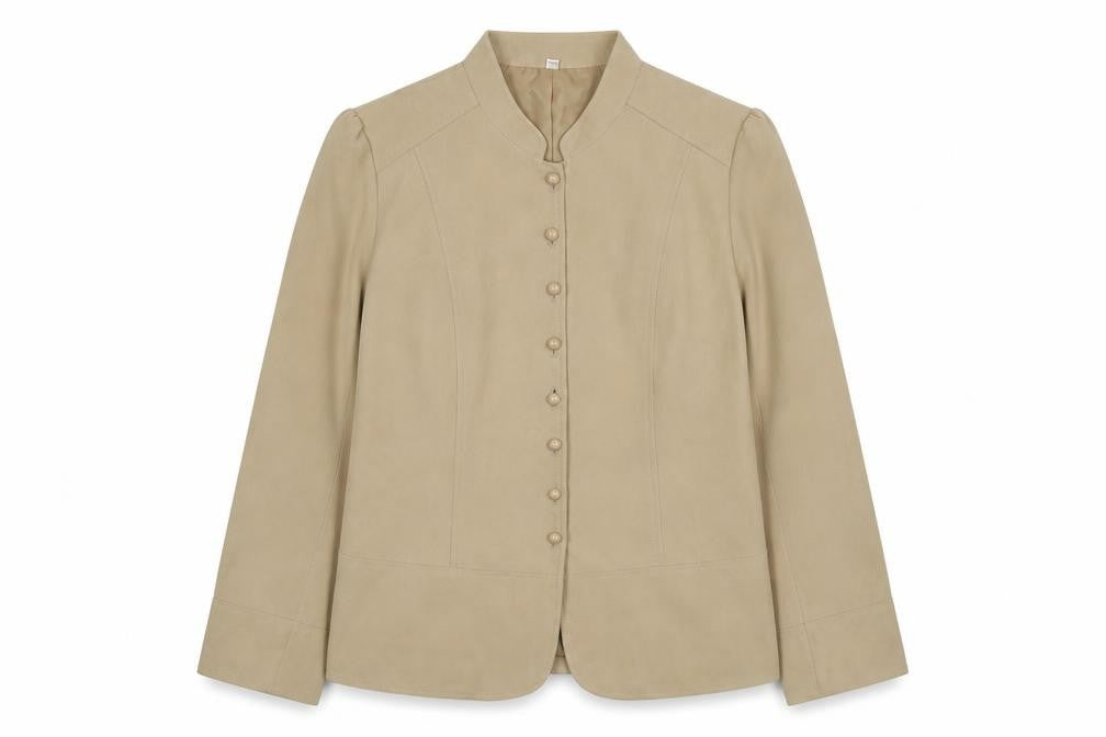 Front view of Style by EWM Women's Beige, size 12, Long Sleeve Button Jacket