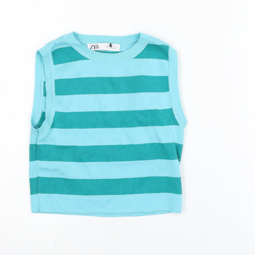 Zara Women's Blue Striped Cropped Knit Tank Top Size 10