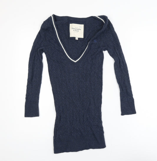 Abercrombie & Fitch Men's Blue Cable-Knit V-Neck Jumper Size L